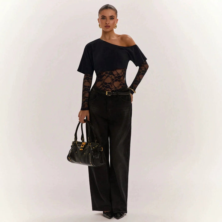 Sexy One Piece Cropped Outfit Slim Lace Stitching Long Sleeve Top