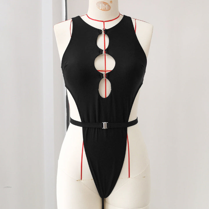 Sexy Deep V Plunge Hollow Out Cutout out High Slit Triangle One Piece Swimsuit Women Pure Black One Piece Swimsuit