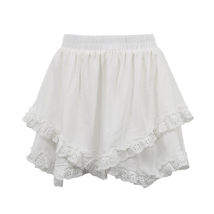 Women Clothing Fresh Sweet All Matching White Short Skirt Lace Stitching Design High Waist Cake Skirt