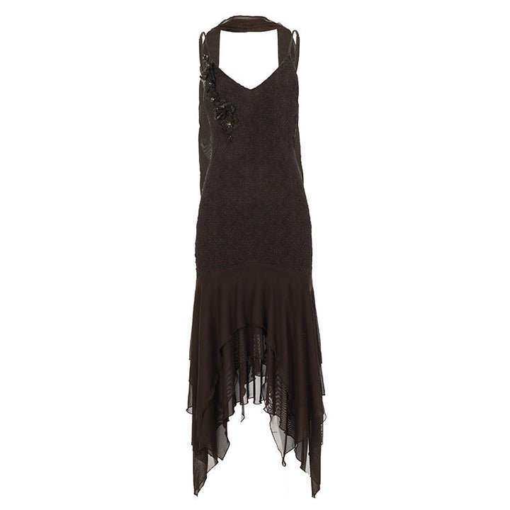 Artistic Applique Irregular Asymmetric Lace Scarf V neck Dress Backless Sexy Waste Soil Cami Dress