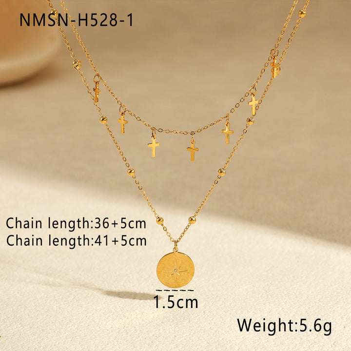 Retro Double Layer Twin Titanium Steel Necklace Cross Awn Star Round Brand Stainless Steel Necklace