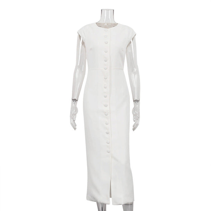 Round Neck Flying Sleeves Dress Women Elegant Waist Single Breasted White Sheath Dress