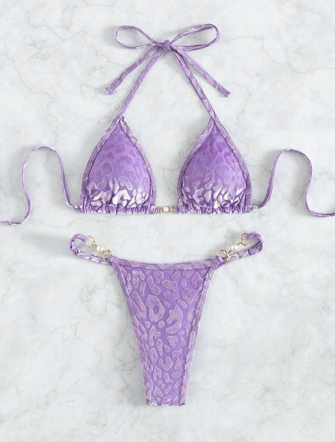 Sexy T Shaped Pearl Leopard Special Fabric Swimwear Swimsuit Bikini