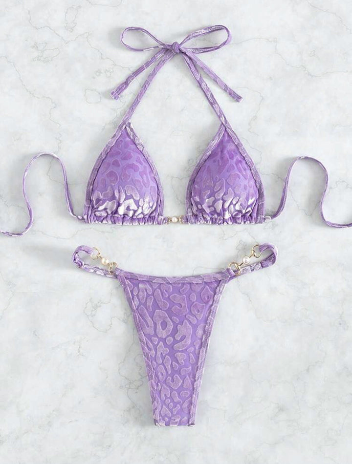 Sexy T Shaped Pearl Leopard Special Fabric Swimwear Swimsuit Bikini