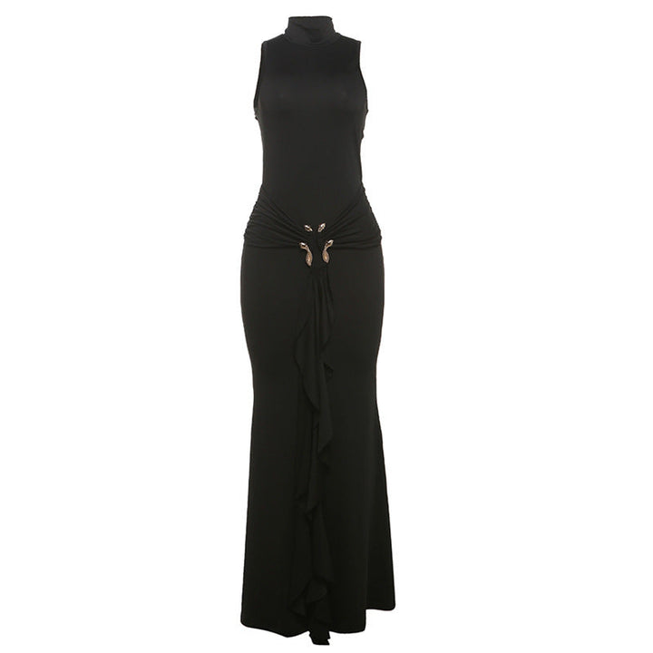 Women Clothing Solid Color Half Collar Slim Fit Sexy Metal Frog Button Dress