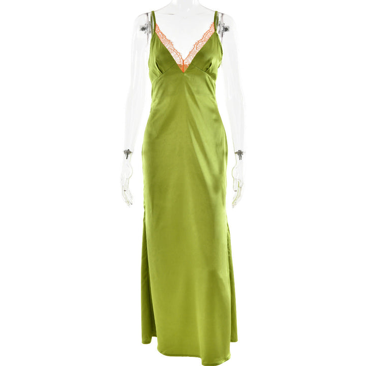 Satin Maxi Dress Sexy Deep V Plunge neck Backless Sexy Strap Dress