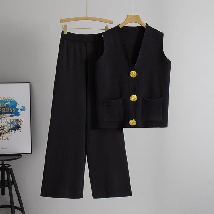 Summer Gold Button V neck Knitted Vest Casual Trousers Knitting Two Piece Sets