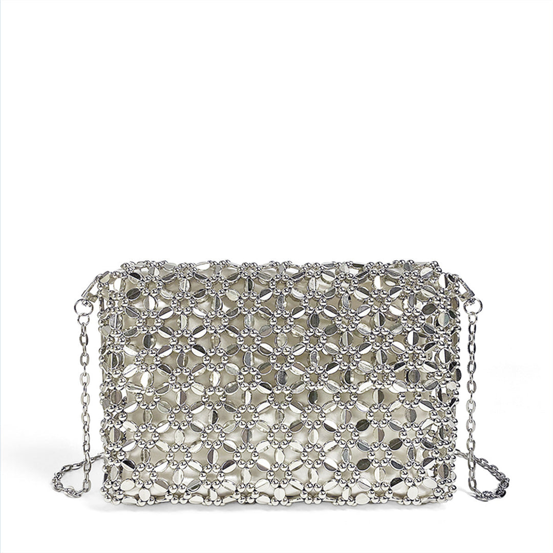 Silver Shiny Hand Woven Beads Small Square Bag Cocktail Pearl Hollowed Crossbody Small Bag