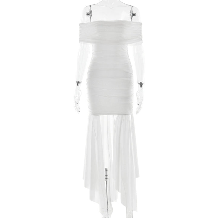Spring Summer Sexy Women Dress Elegant Tube Top Solid Color Pleated Ribbon Waist Tight Slim Fit Dress
