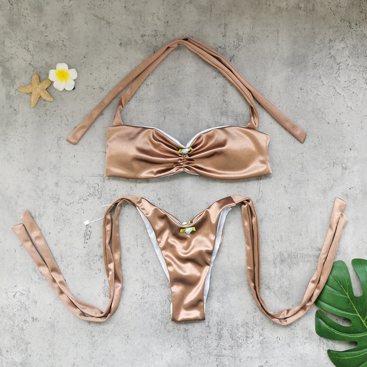 Solid Color Split Swimsuit Women Sexy High Split Lace up Tube Top Bikini