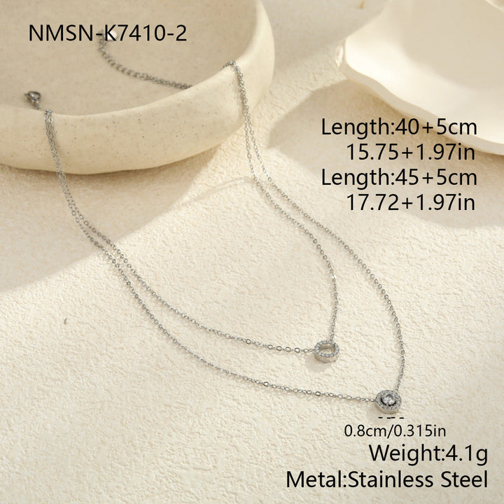 Minimal Art Double Layer Diamond Design Stainless Steel Necklace Women All Match Advanced Texture Necklace