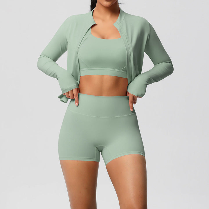Solid Color Cloud Sense Yoga Bra Sports Coat Pilates Running Shorts Fitness Yoga Wear Three Piece Set for Women