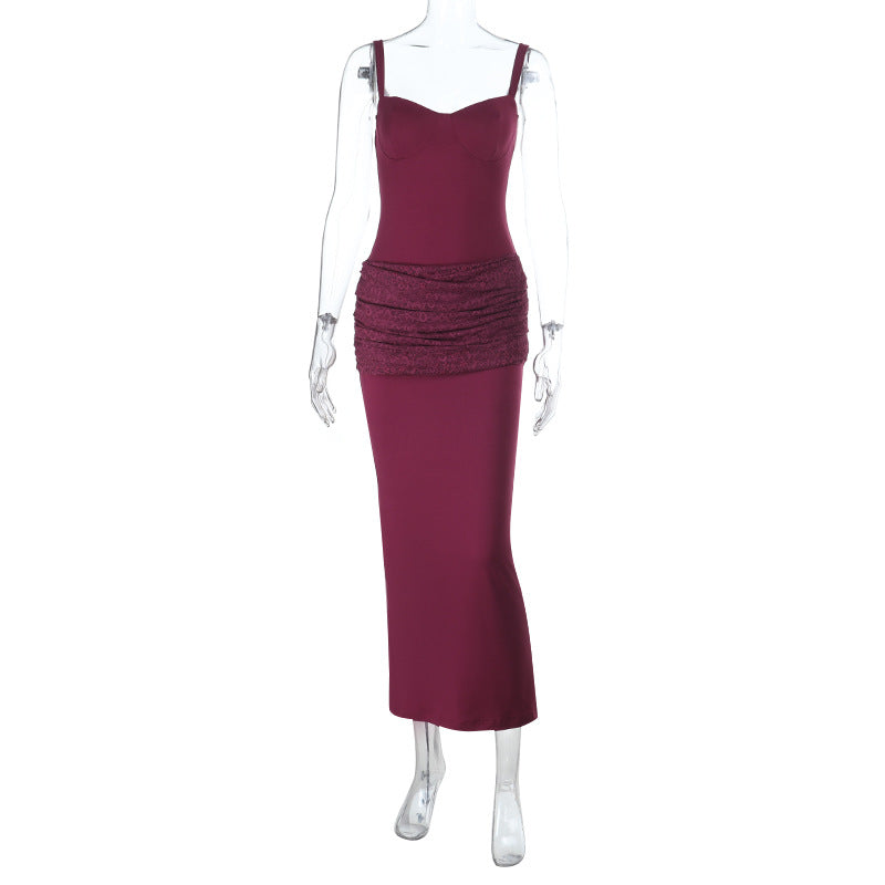 Autumn Winter Solid Color Lace Deep V Plunge Sexy Backless Stitching Strap Dress