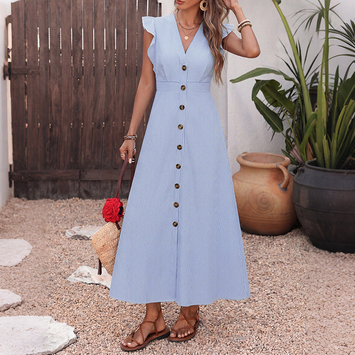 Long Shirt Dress Women Summer Blue Color Striped Flying Sleeve V neck Dress