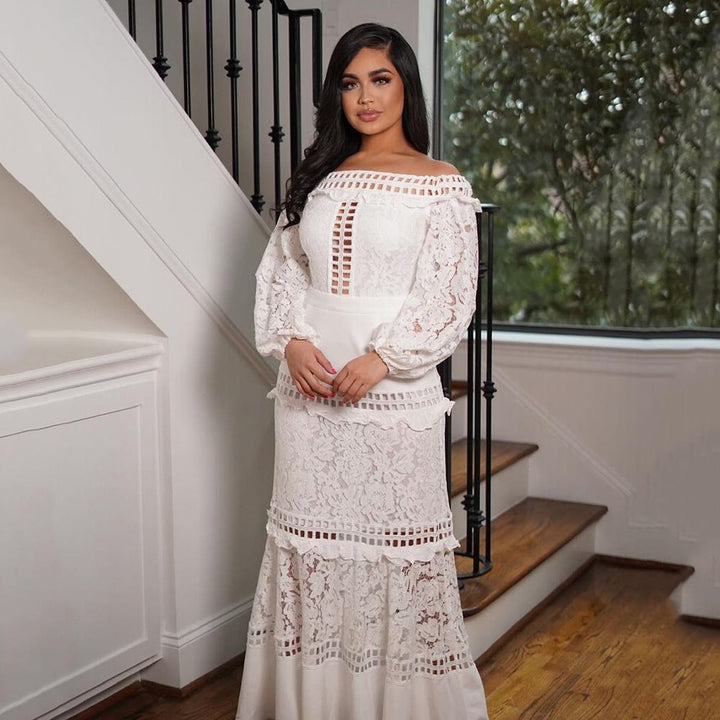 Spring Summer Women Clothing Lace Dress off Shoulder Lotus Leaf Wedding Party Cocktail Dress