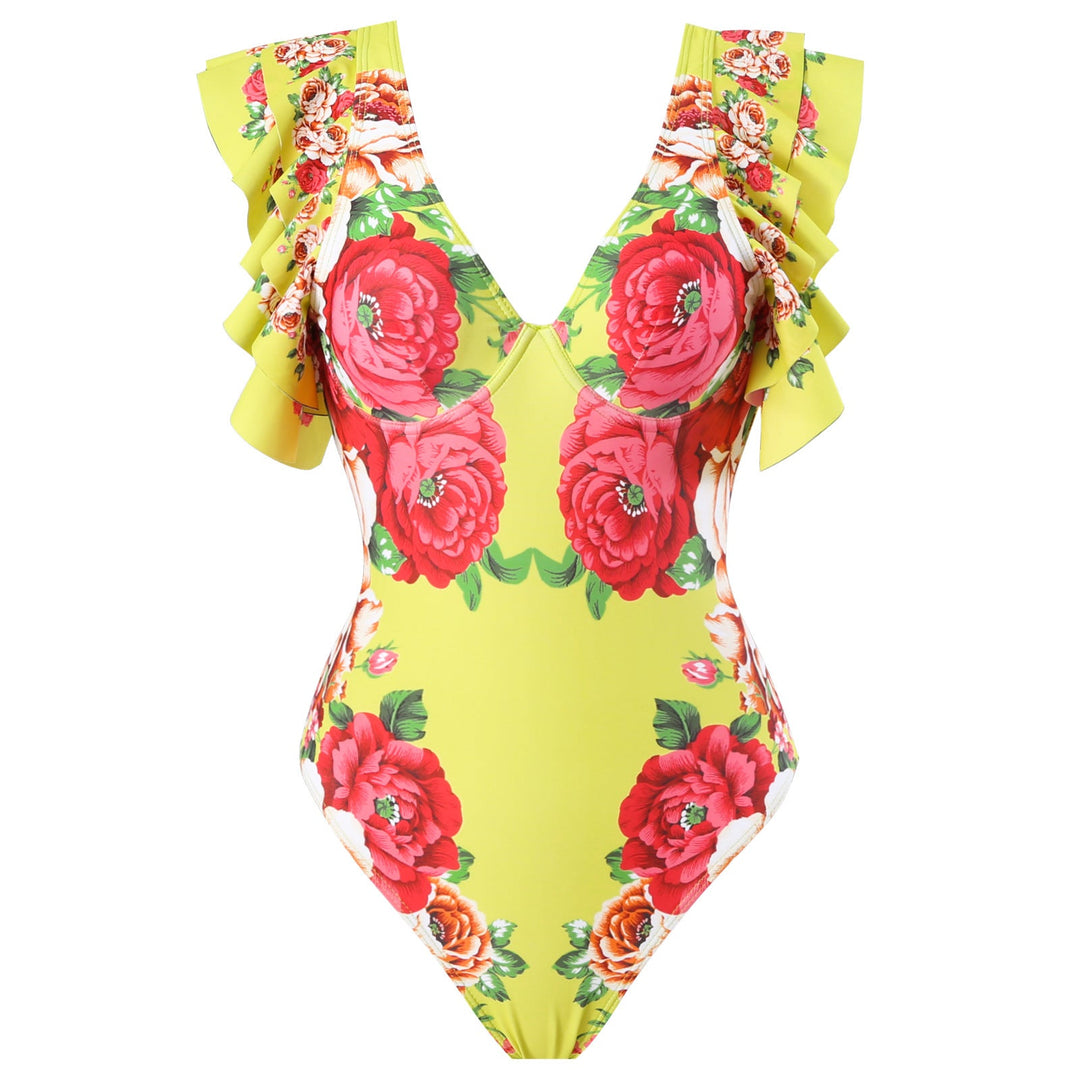 Spring Sexy Swimsuit Women Conservative Warm Printed Swimsuit Wrap Skirt Set