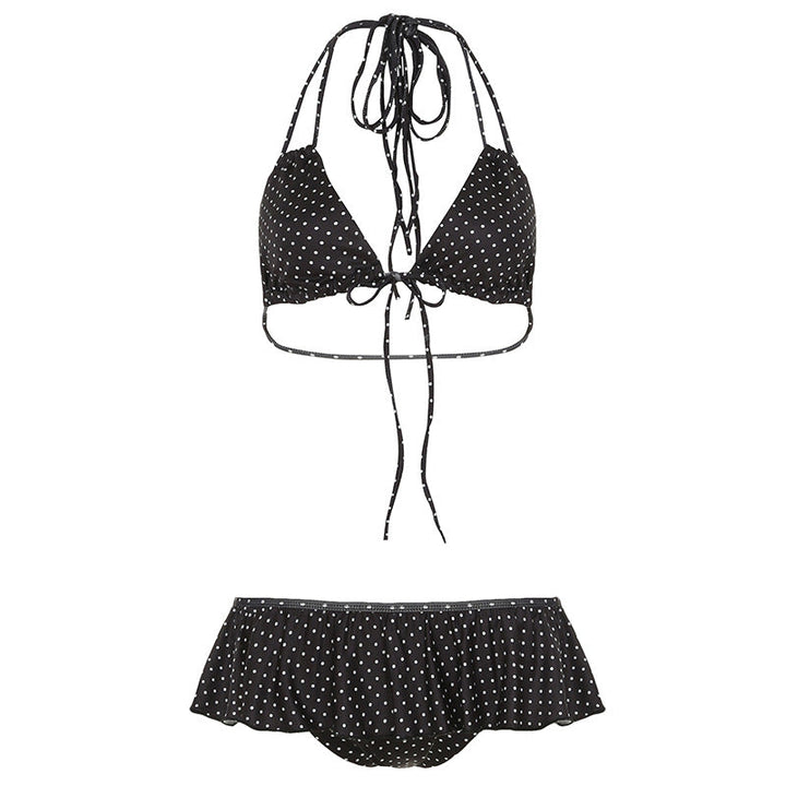 Women Clothing Vacation Swimsuit Sexy Sexy Polka Dot Print Tied Lotus Leaf Split Bikini Two Piece Sets
