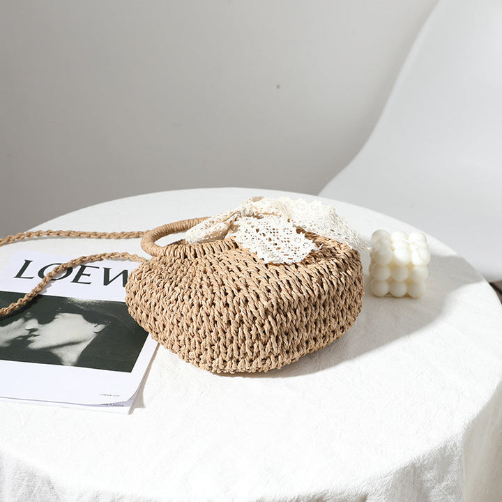 Crossbody Small Bag for Women Lace Bow Hand Woven Bag Shoulder Portable Crossbody Straw Woven Bag