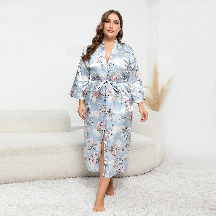 Plus Size Women Artificial Silk Satin Long Sleeved Pajamas Plump Girls Wearable Home