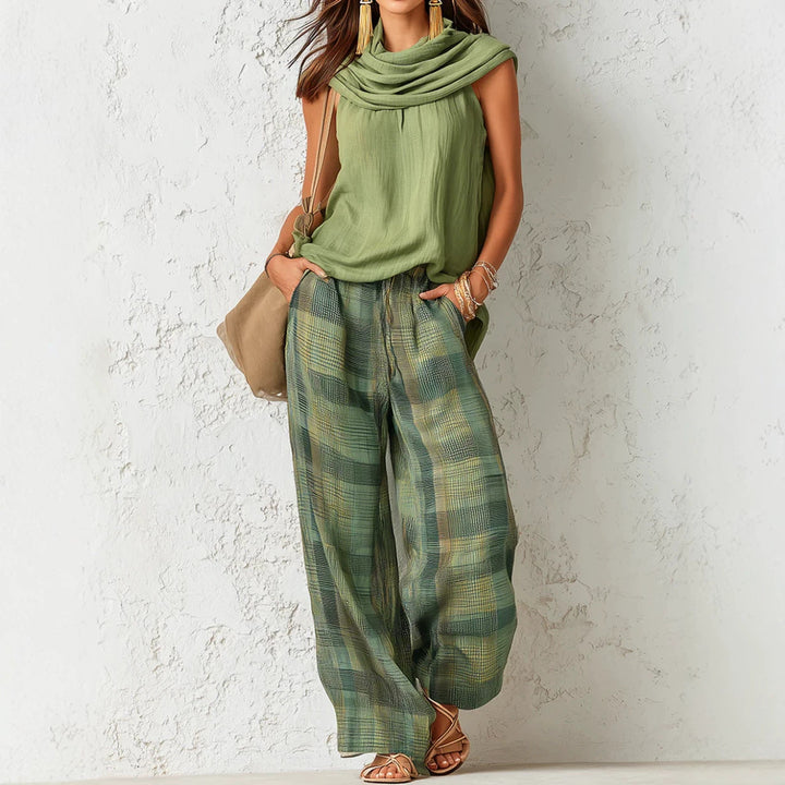Women Retro Casual Sleeveless Top Plaid Pants Two Piece Sets