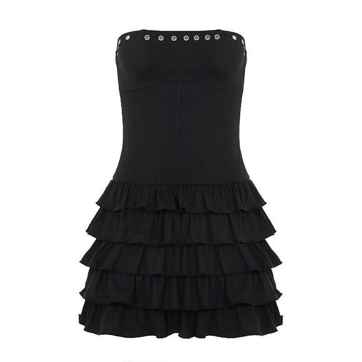 Summer Sexy Solid Color Eyelet Tube Top Tiered Dress Cinched Sleeveless Pettiskirt Short Dress