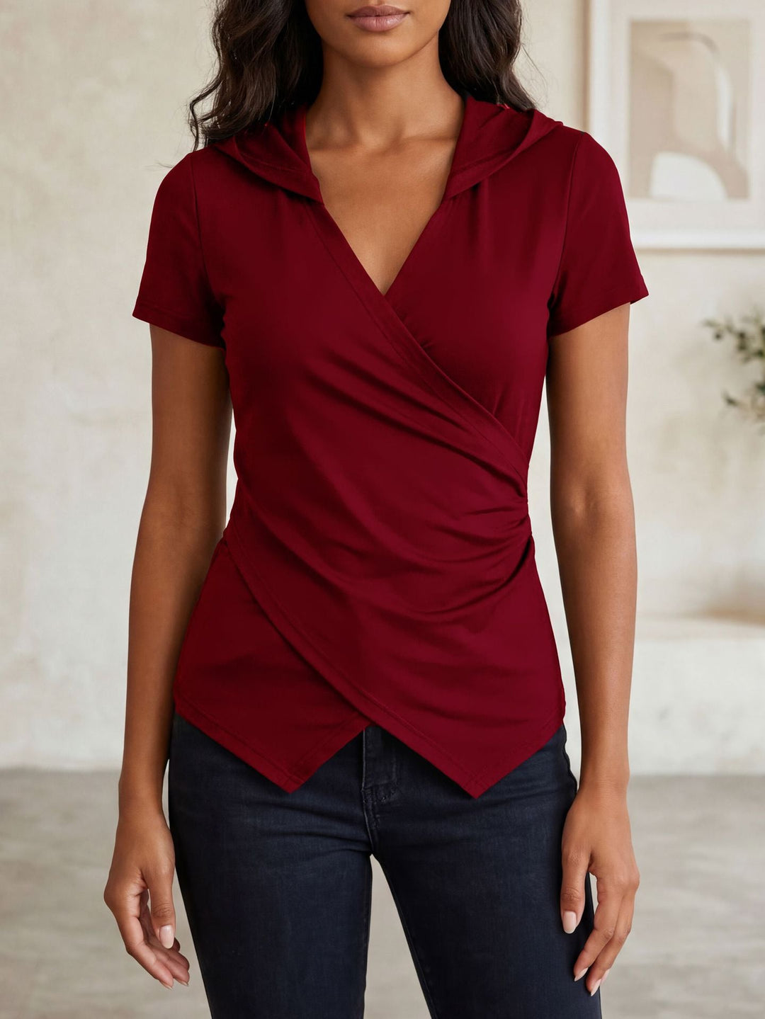 Women Clothing Summer V neck Solid Color Slim Slimming Irregular Asymmetric Short Sleeve T shirt Top