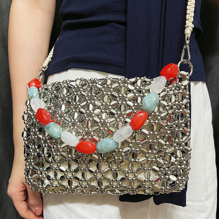 Retro Silver Hand Woven Beads Small Square Bag Long Shoulder Strap Phone Crossbody Bag