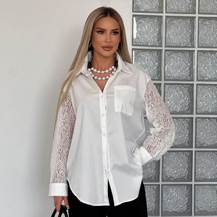 Spring Lace Stitching Hollow Out Cutout Backless Design Long Sleeve Collared Office Shirt for Women