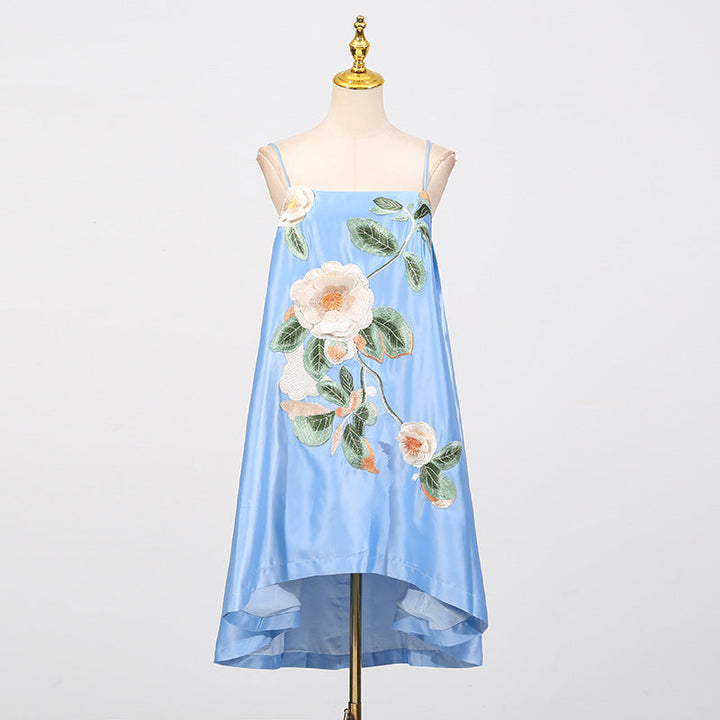 Chinese Retro Peony Embroidered Floral Suspender Slimming Short Women Clothing Loose Slimming Dress