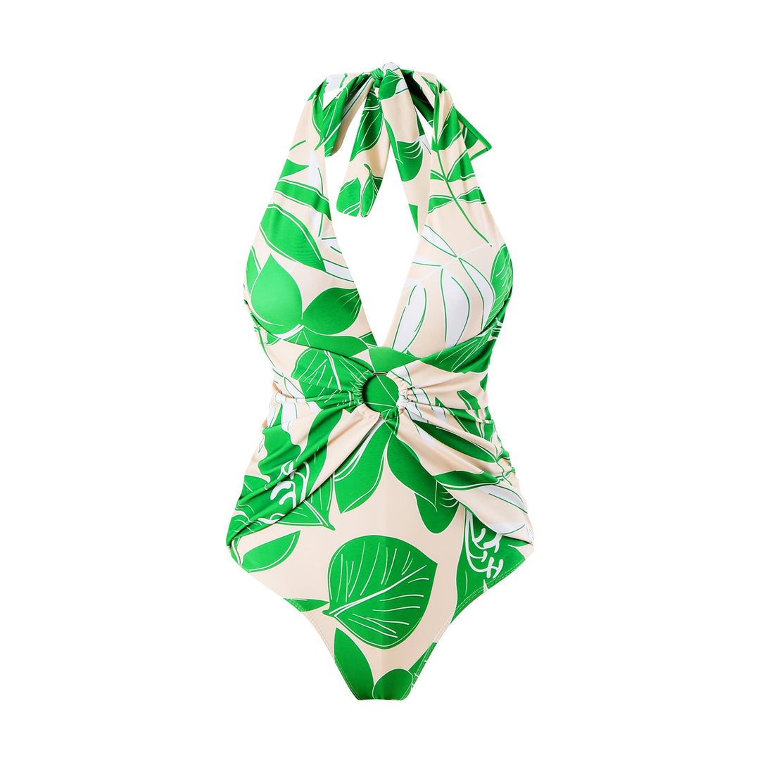 One Piece Swimsuit Women Slimming Retro Swimsuit Green Printing Suit Chiffon Dress