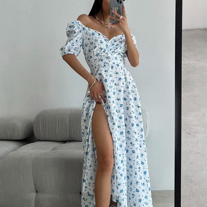 Summer Women Clothing Fresh Sweet Square Collar Long Floral Dress