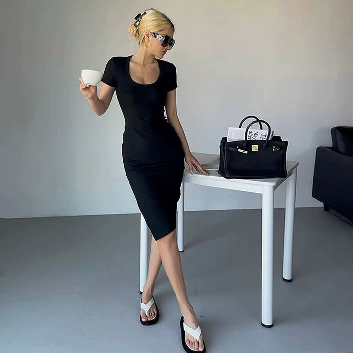 Women Clothing Round Neck Short Sleeve Regular Slimming Hip Split Hipster Dress Summer