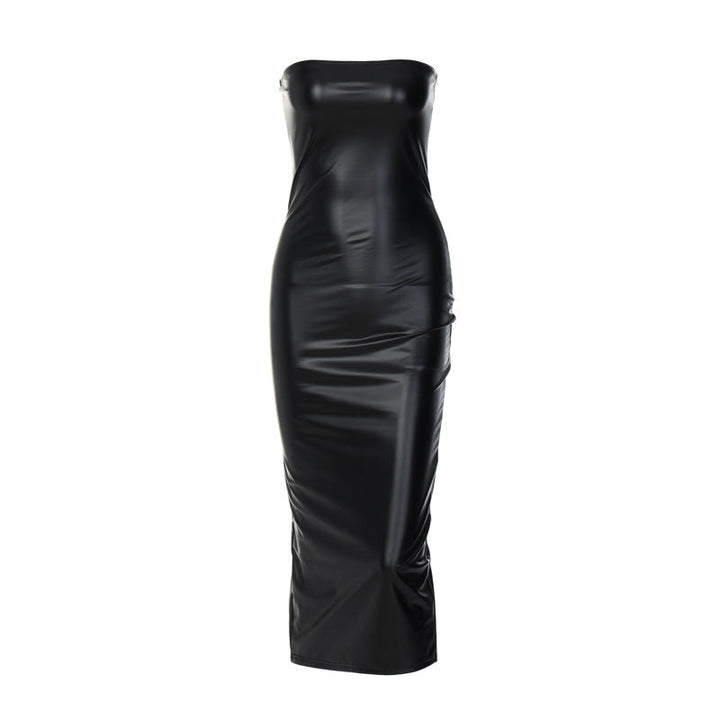 Women Clothing Autumn Sleeveless Tube Top Sexy Slimming Slit Mid Length Sheath Dress Women