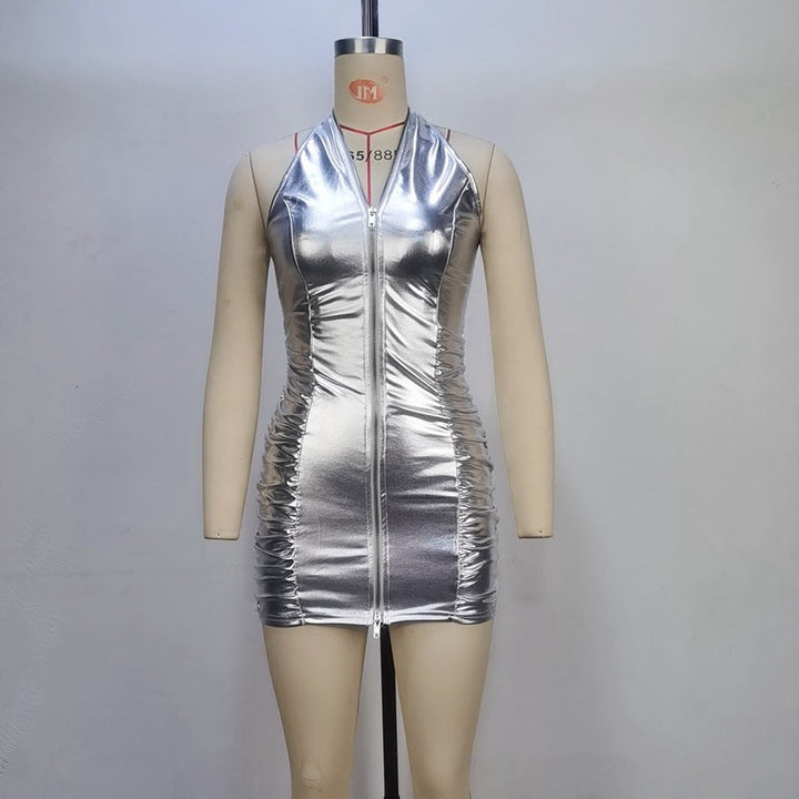Women Summer Solid Color Pleated Sexy Halter Zipper Slim Fit Sheath Dress Women