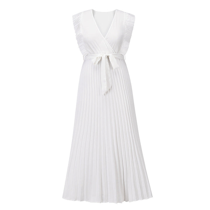 Elegant Beach Dress Fashionable Slim Fit Sexy Ruffle Sleeve Chiffon Pleated Solid Color Dress
