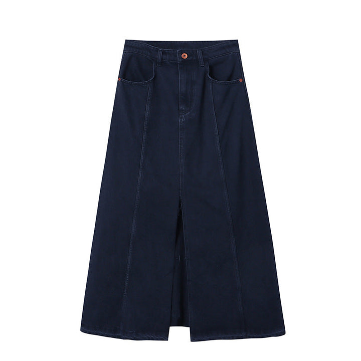 French Blogger Line Split Raw Hem High Waist A line Denim Skirt