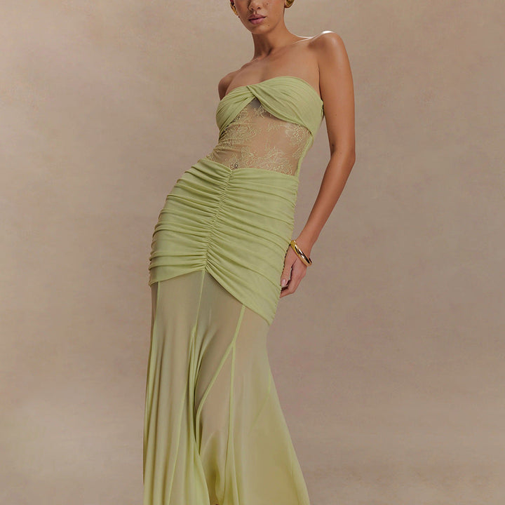 Summer Sleeveless Tube Top Dress Sexy Pleated Hollow Out Cutout Slim Dress for Women