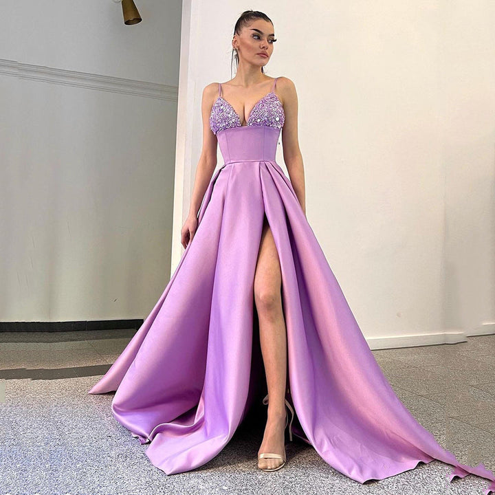 Spring Summer Women Clothing Dress Deep V Plunge Sequin Sling Sexy Slit Dress