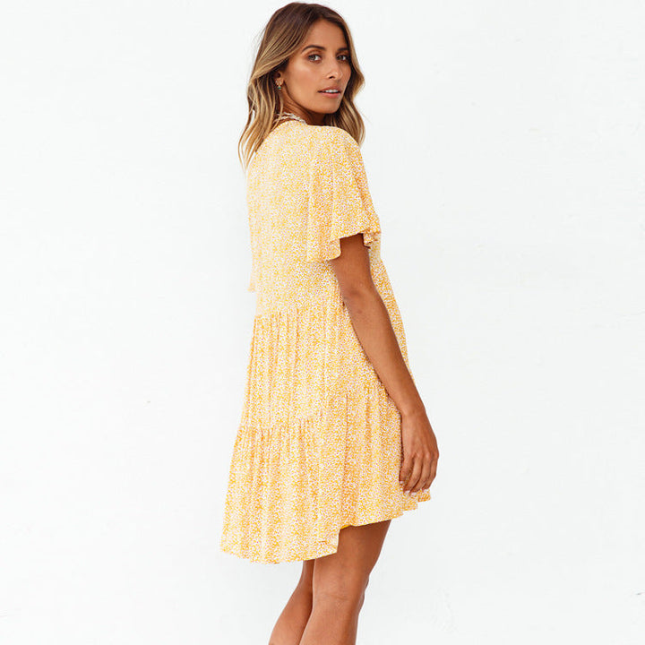Spring Summer New V-neck Flared Short Sleeve Printed Pleated Large Swing Dress Women Clothing