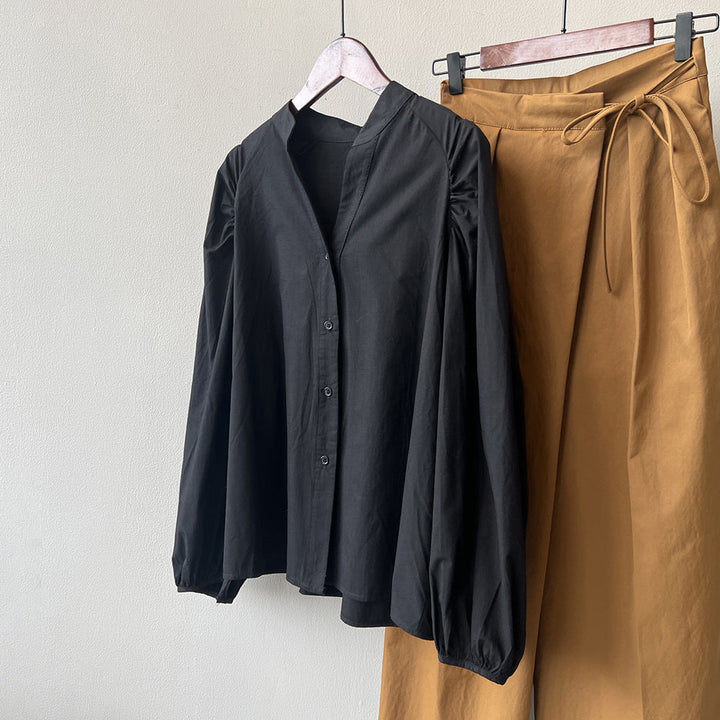 Stand Collar Shirt Women Spring Pleated Puff Sleeve Baby Shirt