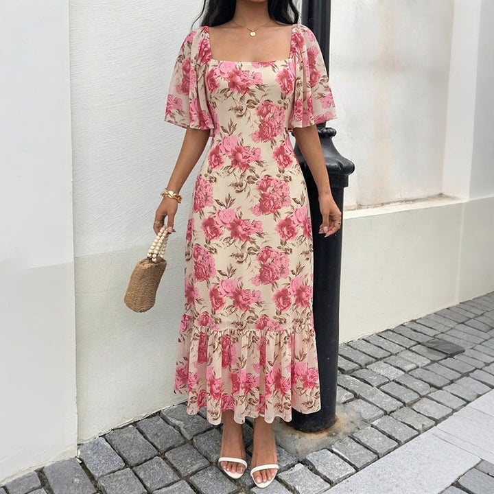 Square Collar Hip Dress Summer Ruffle Sleeve Evening Dress Lace up Backless Slim Mesh Dress