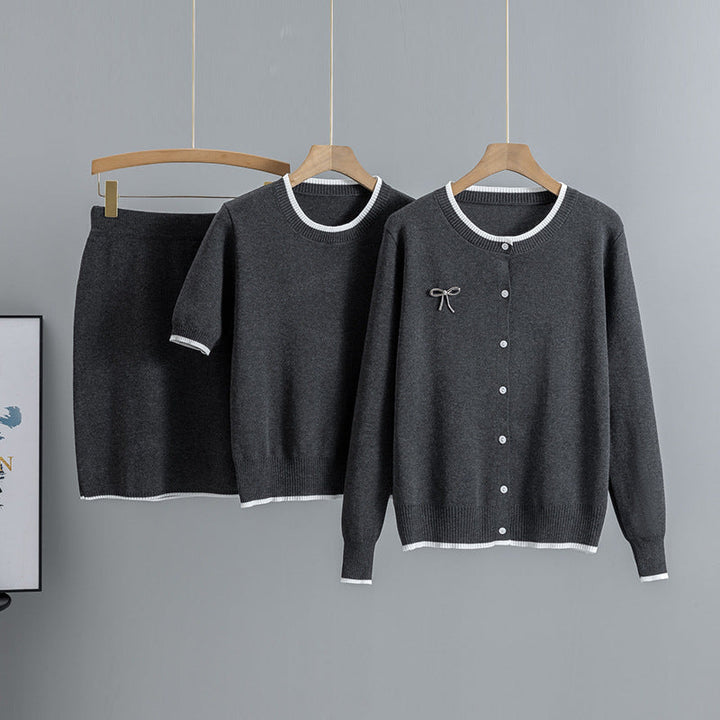 Round Neck Jacquard Contrast Color Cardigan Long Sleeve Patchwork Knitting Top Short Sleeve Top Slimming Short Skirt Three Piece Sets Women