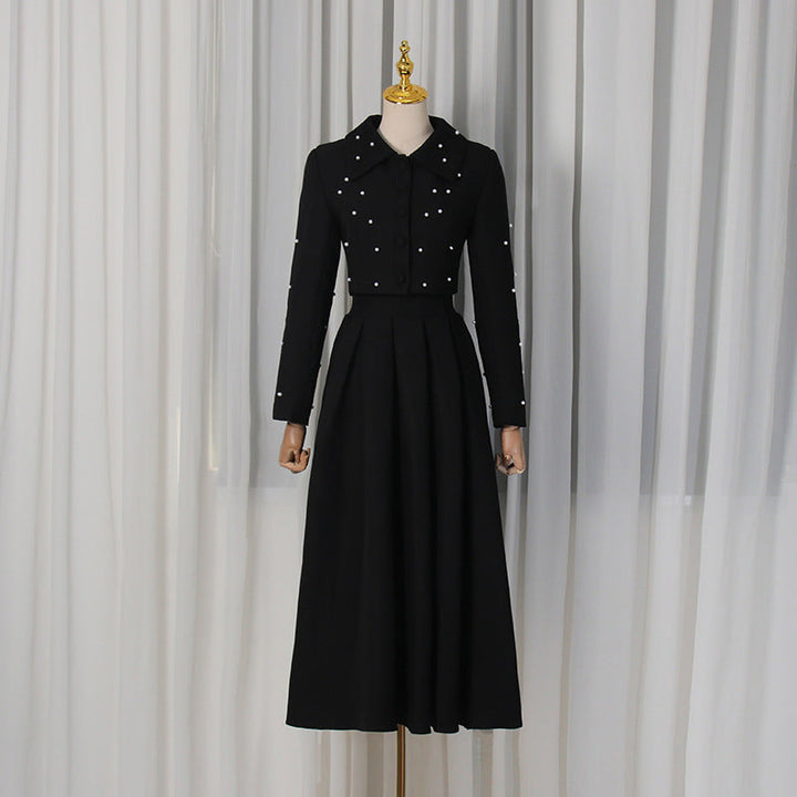 Spring Elegant Pleated Slim Maxi Dress Solid Color Beaded Collared Long Sleeve Two Piece Sets Women