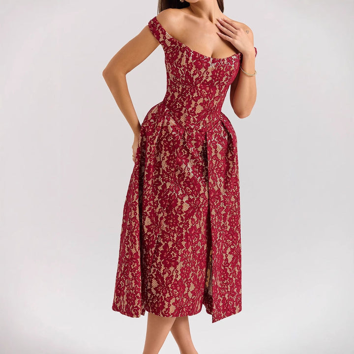 Off Shoulder Dress - Backless Floral Print Midi Dress with Waist Detail