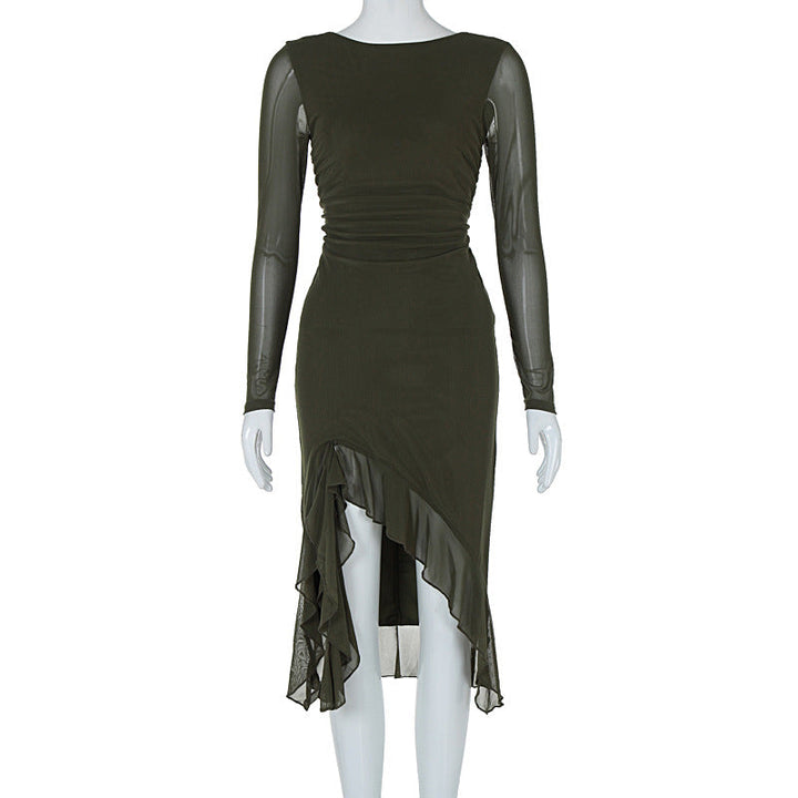 Women Clothing Summer Mesh Long Sleeve Backless Slit Ruffled Dress