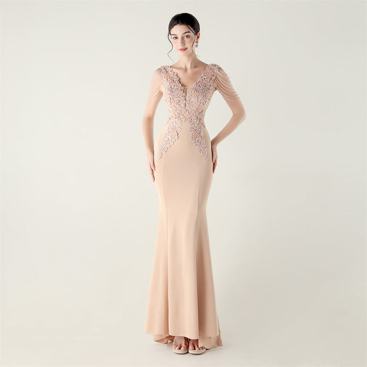 Satin Heavy Industry Beaded Three Dimensional Applique Boning Corset Waist-Tight Evening Dress Lace Tassels Design Cocktail Social Networking