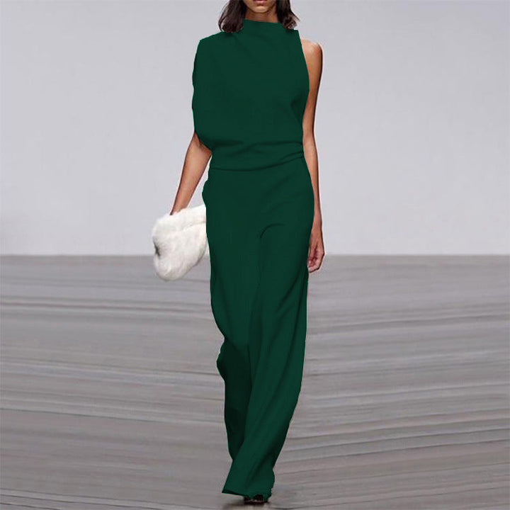 Women Pants Solid Color One Shoulder Pile Collar Jumpsuit Popular Dress Trousers
