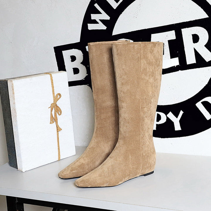 Women Over The Knee Boots Simple All-Match Middle Heel Wedge Height Increasing ole Suede High Leg Boot