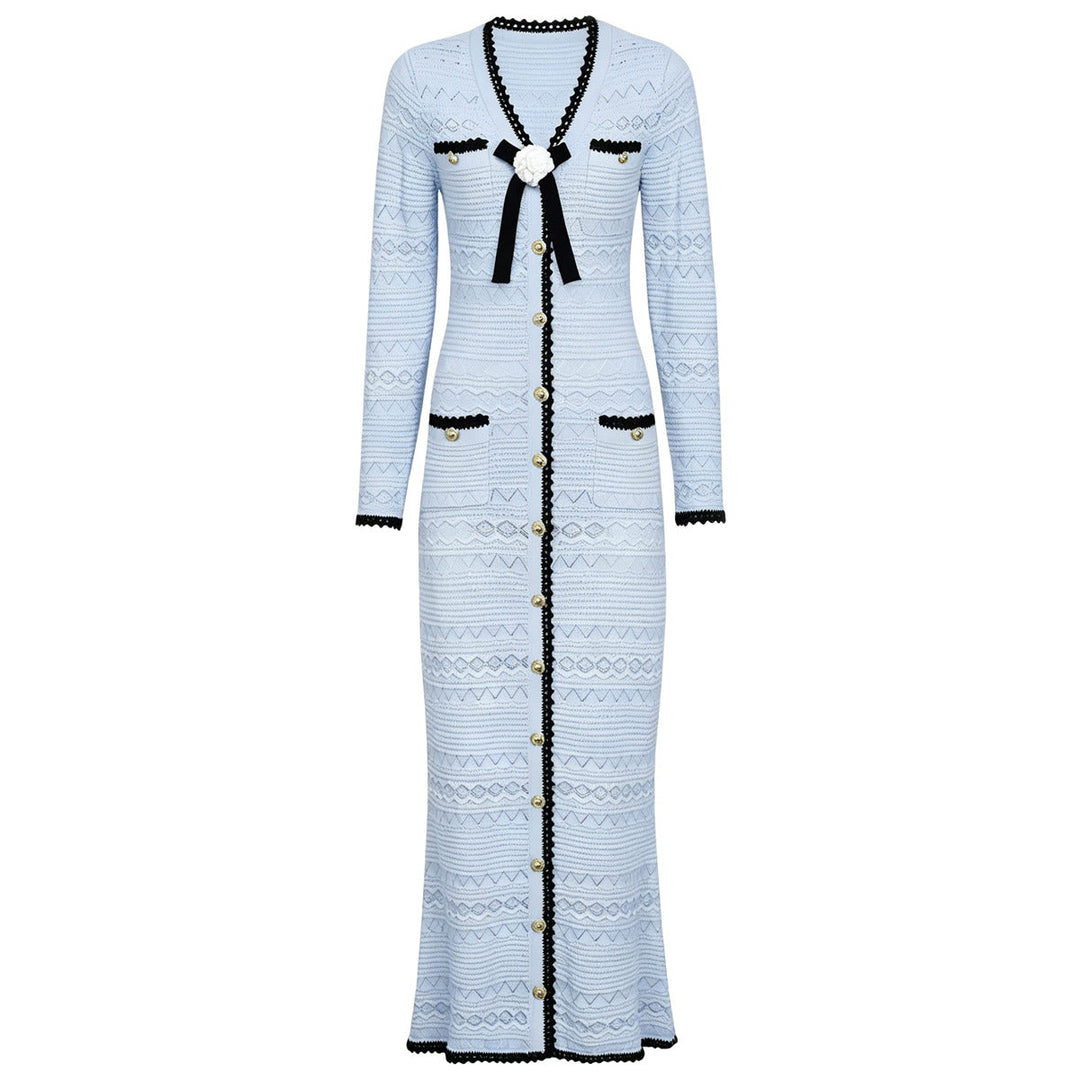 Spring Autumn Fashionable Knitted V neck Floral Slim Fit Slimming Long Sleeves Dress Women