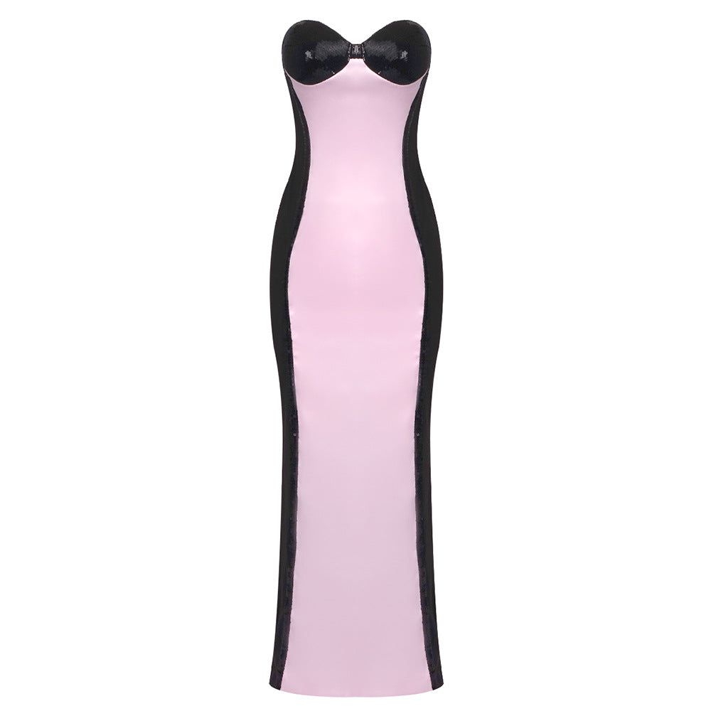 Black White Pink Color Blocking Tube Top Dress Slim Fit Sheath Fishtail Dress Red Carpet Dinner Dress